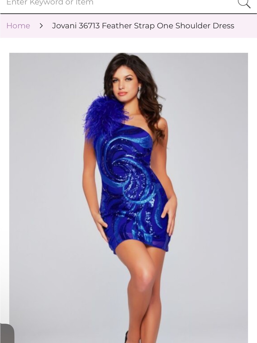 Jovani Royal Blue One-Shoulder Feather Strap Sequin Mini Dress